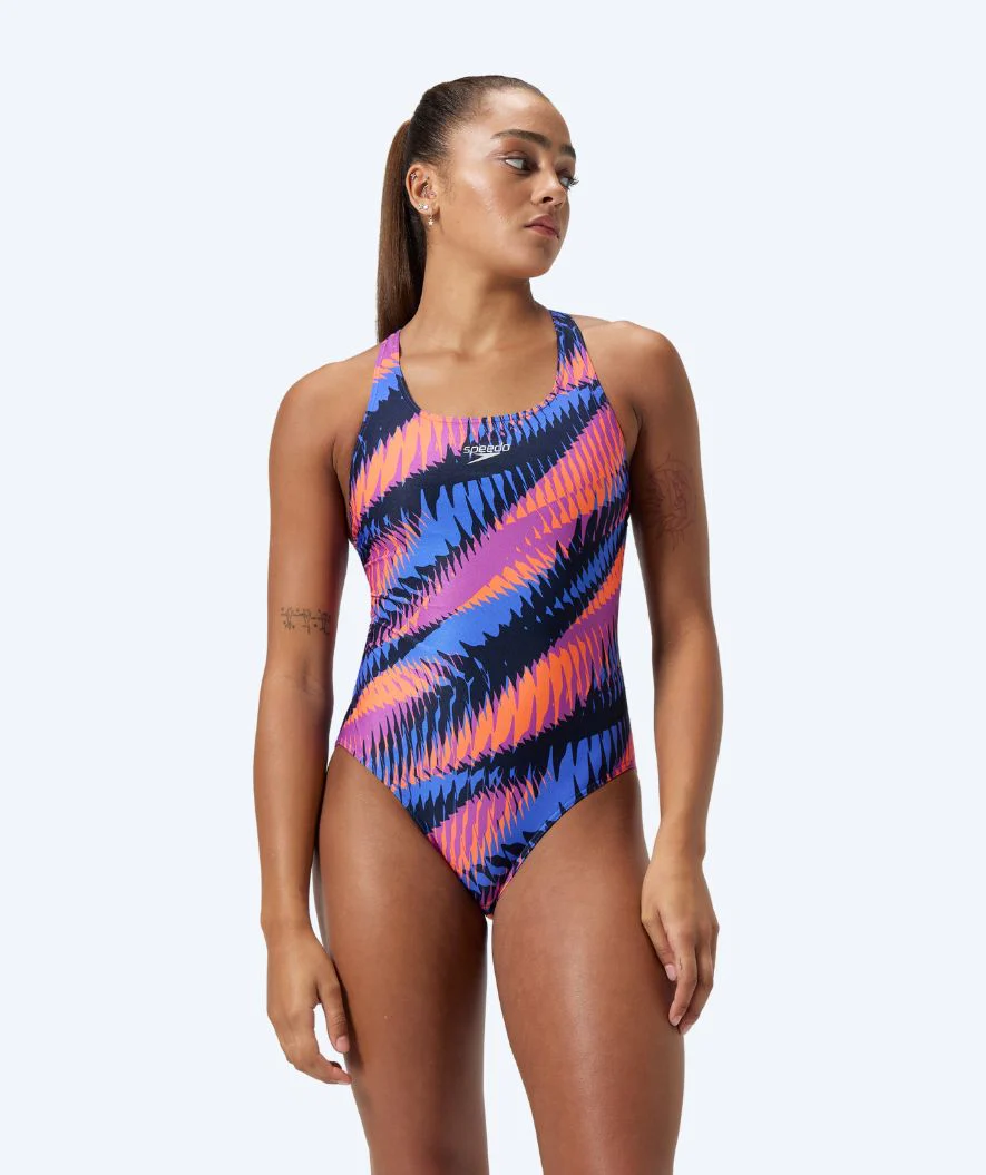 Speedo strój kąpielowy dla kobiet - Allover Digital Powerback - Niebieski/pomarańczowy