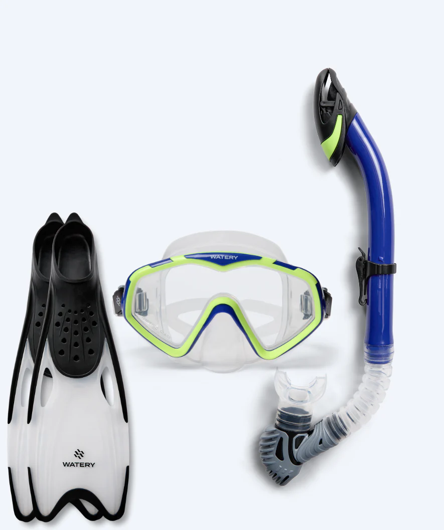 Watery zestaw maska + rurka + płetwy do snorkelingu dla dorosłych (15+) - Leach/Rilian - Niebieski/czarny