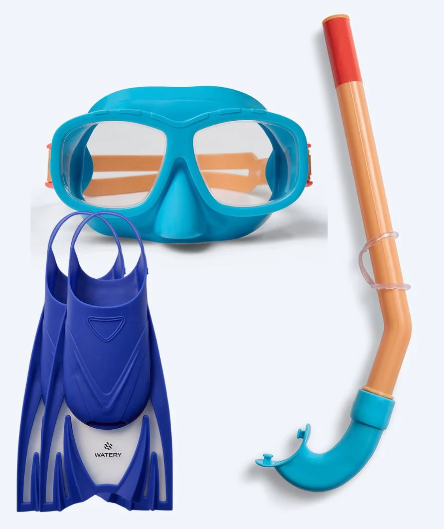 Watery zestaw maska + rurka + płetwy do snorkelingu dla młodzieży (8-15) - Wyre/Bimasha - Pomarańczowy/niebieski